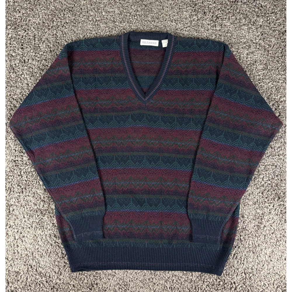 Vintage 90s Methode Italy Wool Blend V-Neck Sweater Mens Medium Geometric Knit